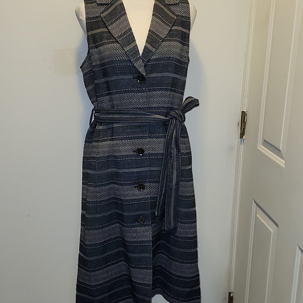 W by Worth Small Navy Stripe Button Front Sleeveless Midi Shirt Dress
